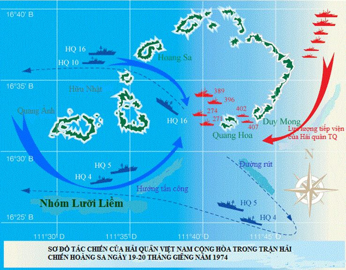 Sơ đồ tác chiến của Hải quân Việt Nam Cộng hòa trong trận hải chiến Hoàng Sa ngày 19-20 tháng Giêng năm 1974, ảnh do Tiến sĩ Trần Công Trục cung cấp. Sơ đồ tác chiến của Hải quân Việt Nam Cộng hòa trong trận hải chiến Hoàng Sa ngày 19-20 tháng Giêng năm 1974, ảnh do Tiến sĩ Trần Công Trục cung cấp.