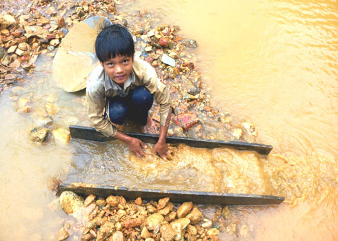 Học lớp 3 nhưng em Hồ Văn Nam ở xã Trà Thanh, huyện Tây Trà, phải nghỉ để đi làm phu vàng.