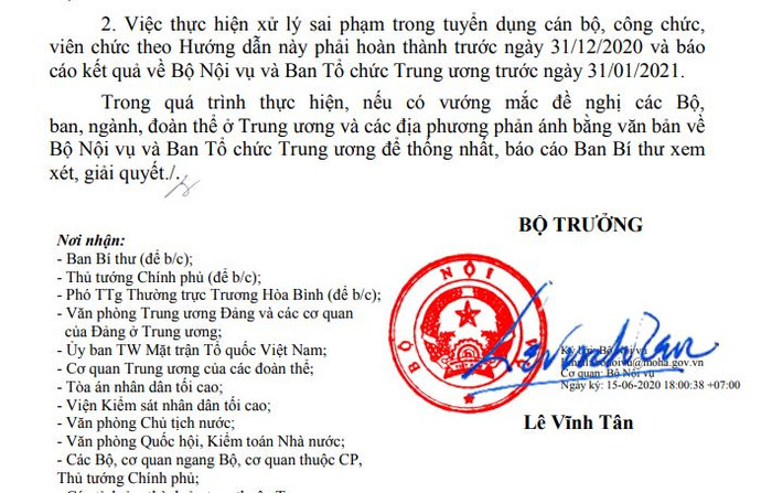 Ảnh chụp màn hình một phần trang cuối Hướng dẫn số 2965/HD-BNV ngày 15/06/2020 của Bộ Nội vụ.