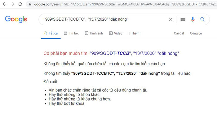 Tìm kiếm công văn trên bằng công cụ Google cũng không ra, ảnh chụp màn hình. Tìm kiếm công văn trên bằng công cụ Google cũng không ra, ảnh chụp màn hình.