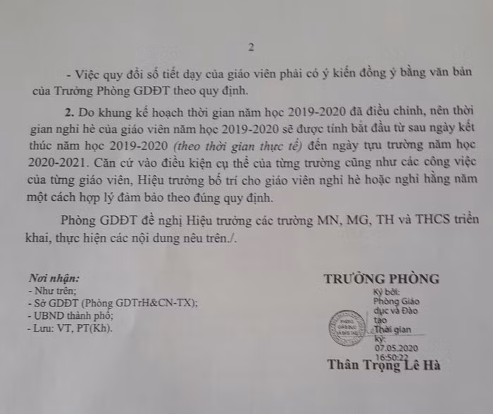 Công văn 427 của Phòng Giáo dục và Đào tạo Phan Thiết chỉ đạo về việc quy đổi tiết dạy trong thời gian học sinh nghỉ dịch bệnh Covid-19 (Ảnh tác giả)