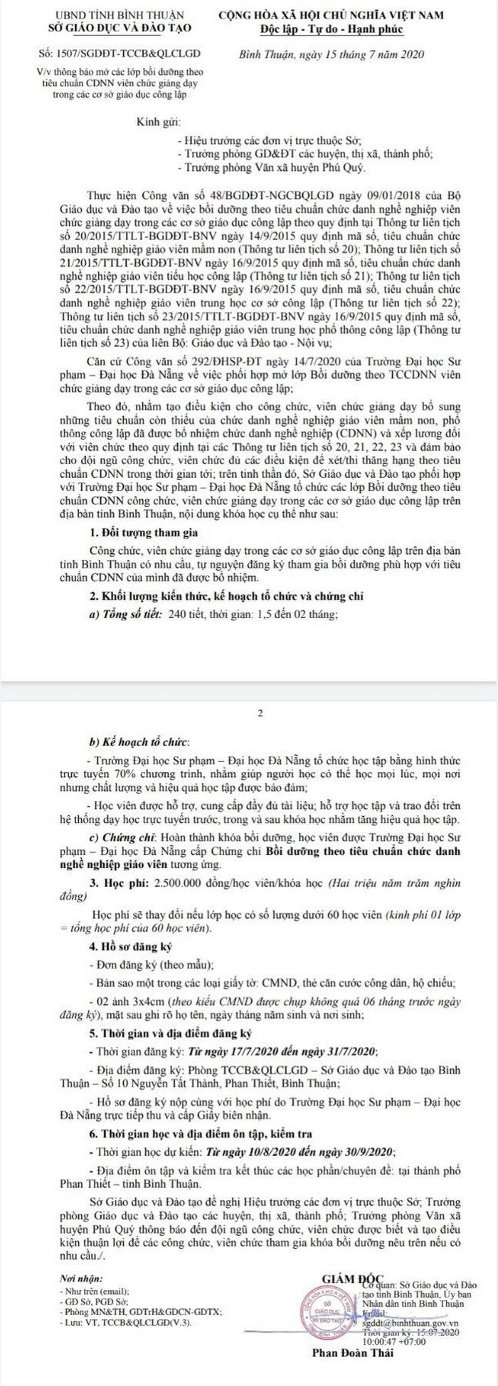 Công văn về việc đăng ký học chứng chỉ chức danh nghề nghiệp Sở Giáo dục tỉnh Bình Thuận gửi về các trường học (Ảnh tác giả).