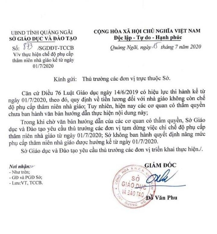 Văn bản tạm dừng chi phụ cấp thâm niên của Sở Giáo dục và Đào tạo Quảng Ngãi (Ảnh: Tác giả). Văn bản tạm dừng chi phụ cấp thâm niên của Sở Giáo dục và Đào tạo Quảng Ngãi (Ảnh: Tác giả).