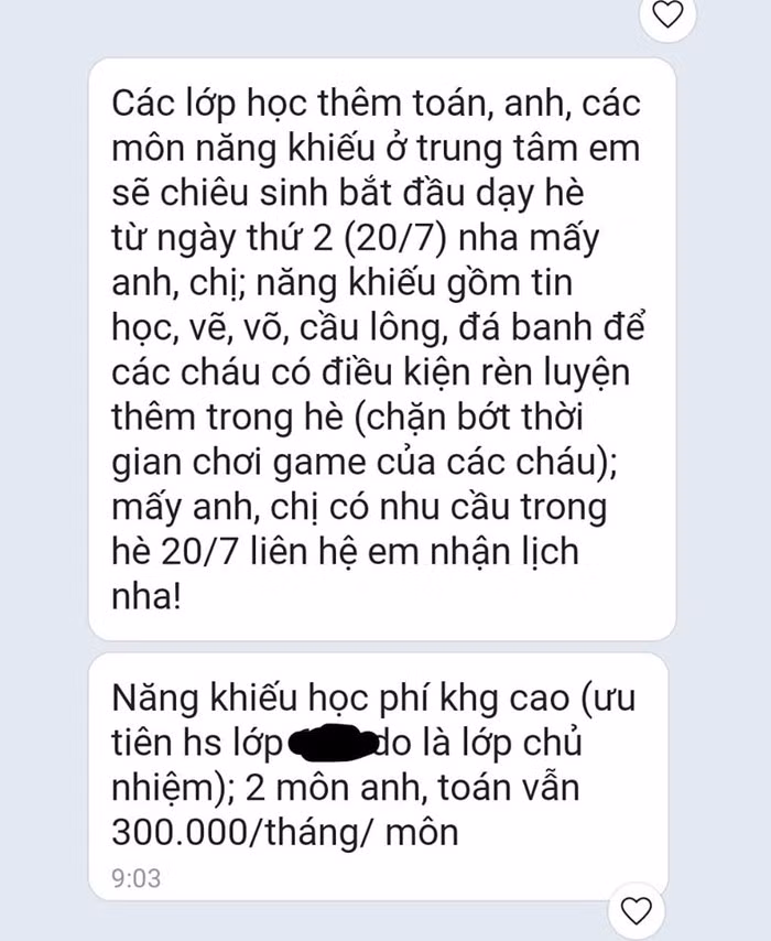 Hình ảnh chụp từ zalo mà giáo viên đã "nhắn nhủ" với phụ huynh (Ảnh: Kim Oanh)