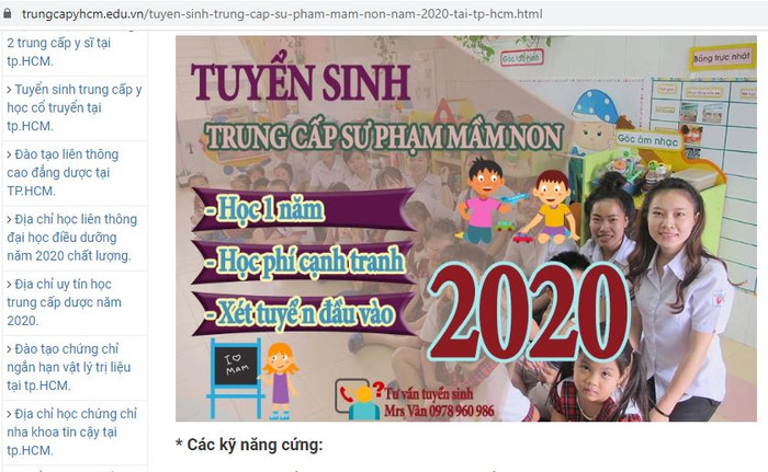 Năm 2020 vẫn còn cơ sở thông báo tuyển sinh trung cấp sư phạm mầm non, ảnh chụp màn hình.