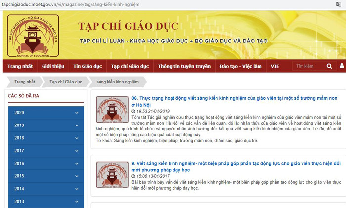 Ảnh chụp màn hình các bài viết về sáng kiến kinh nghiệm trên Tạp chí Giáo dục - cơ quan lý luận của Bộ Giáo dục và Đào tạo. Giữa lý luận với thực tế đời sống giáo dục đang có khoảng cách rất xa. Ảnh chụp màn hình các bài viết về sáng kiến kinh nghiệm trên Tạp chí Giáo dục - cơ quan lý luận của Bộ Giáo dục và Đào tạo. Giữa lý luận với thực tế đời sống giáo dục đang có khoảng cách rất xa.