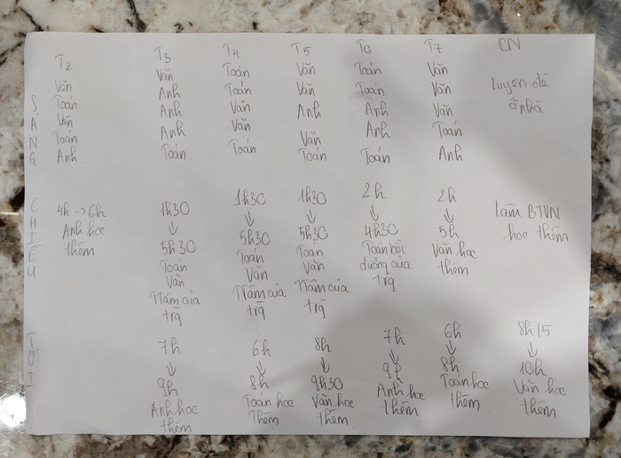 Lịch học dày đặc của em Nguyễn Hải Yến (Ảnh do nhân vật cung cấp).