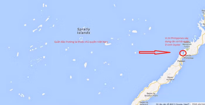 Vị trí Philippines xây dựng căn cứ hải quân mới chỉ cách quần đảo Trường Sa của Việt Nam (tên quốc tế là Spratly Islands)160 km.
