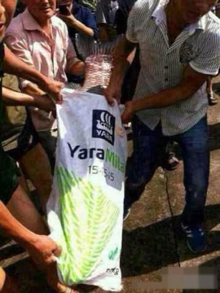 3 người lớn mới cho được con cá trắm đen "khủng" vào trong bao.