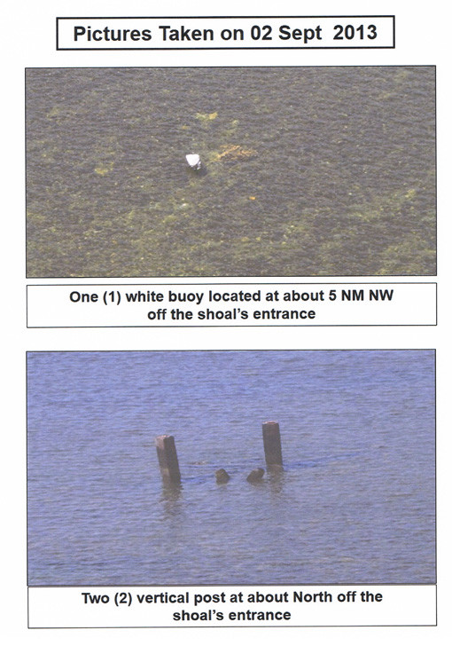 2 cọc bê tông được thả ngay cửa ngõ phía Bắc vào đầm phá bãi cạn Scarborouhg.