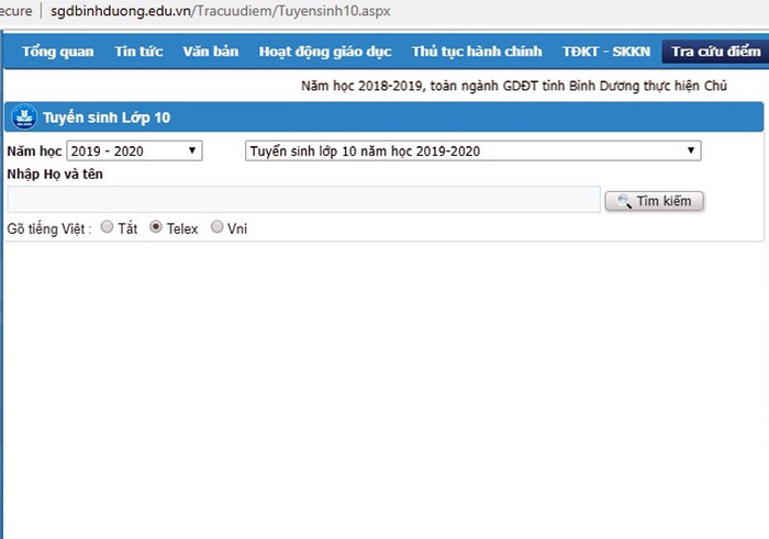Giao diện tra cứu điểm thi tuyển sinh vào lớp 10 các trường công lập trên Cổng thông tin Sở Giáo dục và Đào tạo tỉnh Bình Dương. (Ảnh: H.L0
