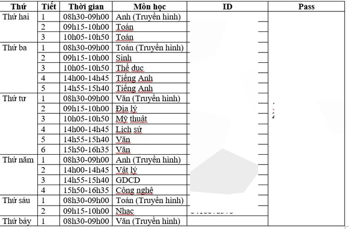 Thời khóa biểu của một lớp học khối 6 của trường Trung học cơ sở Dịch Vọng Hậu. Thời khóa biểu của một lớp học khối 6 của trường Trung học cơ sở Dịch Vọng Hậu.