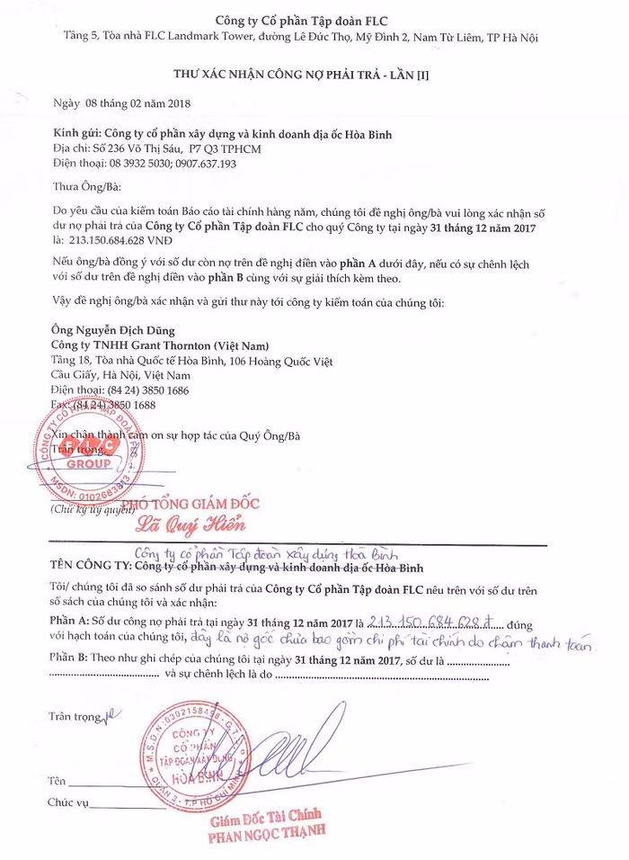Thư xác nhận công nợ phải trả do chính Tập đoàn FLC gửi tới Tập đoàn Hòa Bình đề nghị xác nhận số tiền doanh nghiệp này phải trả là 213 tỷ đồng. Đây là một trong bằng chứng quan trọng được công khai tại phiên tòa, nhưng không được Tòa xem xét đến. Trong quá trình thực hiện bài viết, tác giả cũng đã liên hệ với lãnh đạo Tập đoàn FLC đề nghị trả lời về phản ánh của Tập đoàn Hòa Bình, nhưng phía Tập đoàn FLC tiếp nhận thông tin và không trả lời. Thư xác nhận công nợ phải trả do chính Tập đoàn FLC gửi tới Tập đoàn Hòa Bình đề nghị xác nhận số tiền doanh nghiệp này phải trả là 213 tỷ đồng. Đây là một trong bằng chứng quan trọng được công khai tại phiên tòa, nhưng không được Tòa xem xét đến. Trong quá trình thực hiện bài viết, tác giả cũng đã liên hệ với lãnh đạo Tập đoàn FLC đề nghị trả lời về phản ánh của Tập đoàn Hòa Bình, nhưng phía Tập đoàn FLC tiếp nhận thông tin và không trả lời.