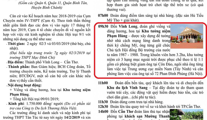 Kế hoạch về nguồn của cụm các trường và thời gian đi thăm đền Phạm Hùng của thầy cô. (Ảnh: H.L) Kế hoạch về nguồn của cụm các trường và thời gian đi thăm đền Phạm Hùng của thầy cô. (Ảnh: H.L)