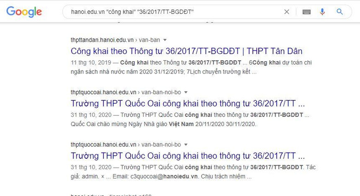 Kết quả tìm kiếm cho thấy Trường Trung học phổ thông Tân Dân, Trường Trung học phổ thông Quốc Oai gương mẫu thực hiện nghiêm túc Thông tư 32/2017/TT-BGDĐT, ảnh chụp màn hình.