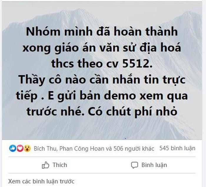 Giáo viên hỏi mua giáo án tràn lan trên mạng facebook (Ảnh chụp màn hình). Giáo viên hỏi mua giáo án tràn lan trên mạng facebook (Ảnh chụp màn hình).