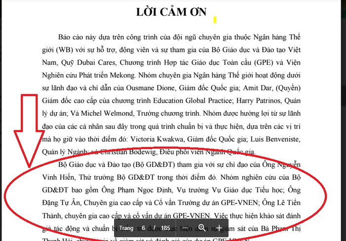 Ảnh chụp một phần trang 6 bản dịch báo cáo “Nâng cao chất lượng trường học Việt Nam thông qua học tập tích cực và hợp tác – Nghiên cứu đánh giá tác động” (bản dịch đầy đủ 185 trang của Quỹ Hỗ trợ đổi mới giáo dục phổ thông cung cấp cho báo giới), phần Lời cảm ơn cho thấy các thầy Nguyễn Vinh Hiển, Phạm Ngọc Định, Đặng Tự Ân và Lê Tiến Thành tham gia vào báo cáo này.