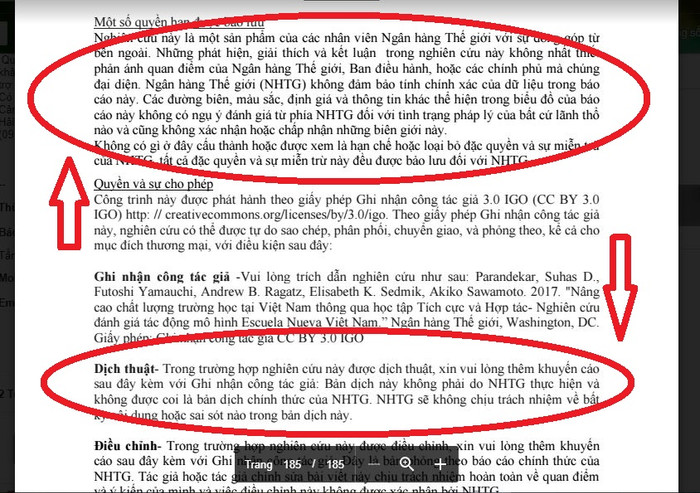 Ảnh chụp màn hình trang 185 báo cáo “Nâng cao chất lượng trường học Việt Nam thông qua học tập tích cực và hợp tác – Nghiên cứu đánh giá tác động” (bản dịch đầy đủ 185 trang của Quỹ Hỗ trợ đổi mới giáo dục phổ thông cung cấp cho báo giới).