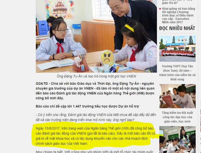 Ảnh chụp màn hình thông tin ông Đặng Tự Ân, nguyên Chuyên gia trưởng dự án VNEN viết trên Báo Giáo dục và Thời đại ngày 11/9/2017. Phần bôi vàng là để nhấn mạnh mốc thời gian và thông tin Ngân hàng Thế giới công bố báo cáo đánh giá tác động VNEN.