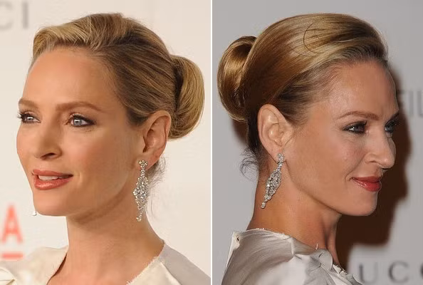 Uma Thurman trở thành quý cô thanh lịch với mái tóc vấn cổ điển.