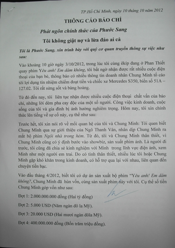 Bức tâm thư xúc động của Phước Sang, trần tình về vụ nợ nần.