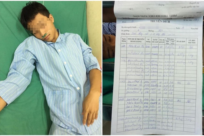 Em Nguyễn Ngọc Phúc vẫn phải nằm viện điều trị tại Bệnh viện đa khoa huyện Bắc Quang.