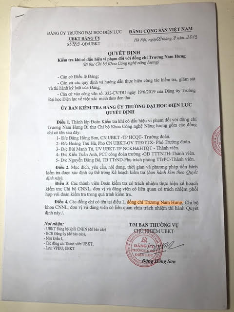 Nhiều văn bản của trường Đại học Điện lực trong việc kỷ luật ông Trương Nam Hưng chưa đảm bảo khách quan. (Ảnh: Tài liệu ông Hưng cung cấp)
