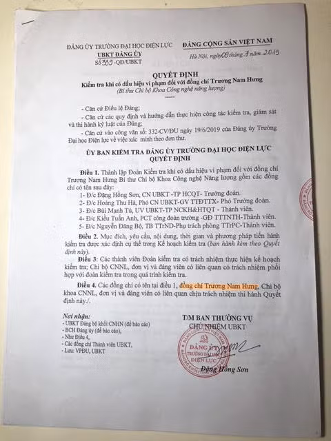 Nhiều văn bản của trường Đại học Điện lực trong việc kỷ luật ông Trương Nam Hưng chưa đảm bảo khách quan. (Ảnh: Tài liệu ông Hưng cung cấp)