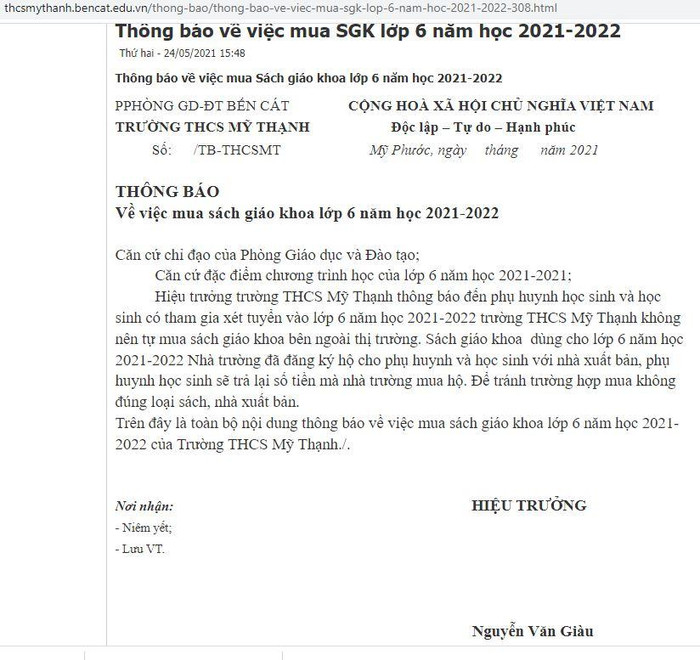 Thông báo của Trường Trung học cơ sở Mỹ Thạnh (huyện Bến Cát, tỉnh Bình Dương) trên website về việc mua sách giáo khoa. Ảnh chụp website trường