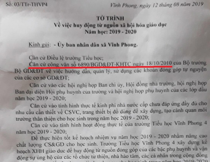 Hiệu trưởng Trường Tiểu học Vĩnh Phong 4 nói văn bản này chỉ sai về mặt thể thức. (Ảnh: H.L) Hiệu trưởng Trường Tiểu học Vĩnh Phong 4 nói văn bản này chỉ sai về mặt thể thức. (Ảnh: H.L)