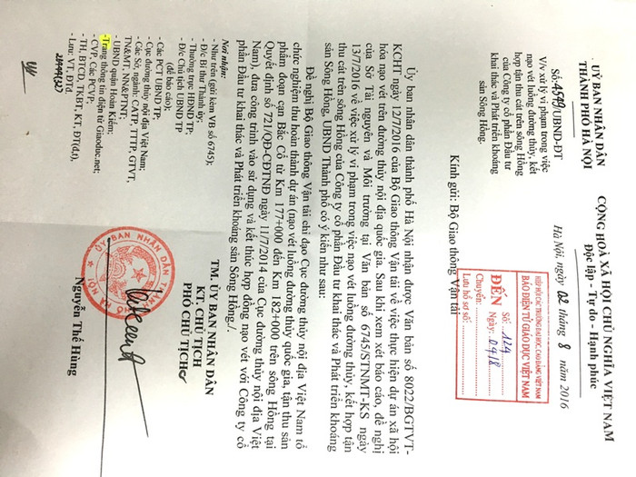 Ngày 02/8/2016, UBND TP. Hà Nội ban hành Văn bản số 4549/UBND-ĐT về việc “xử lý vi phạm trong việc nạo vét luồng đường thủy, kết hợp tận thu cát trên sông Hồng của Công ty CP Đầu tư khai thác và Phát triển Sông Hồng (Công ty Sông Hồng-PV)”. Ngày 02/8/2016, UBND TP. Hà Nội ban hành Văn bản số 4549/UBND-ĐT về việc “xử lý vi phạm trong việc nạo vét luồng đường thủy, kết hợp tận thu cát trên sông Hồng của Công ty CP Đầu tư khai thác và Phát triển Sông Hồng (Công ty Sông Hồng-PV)”.