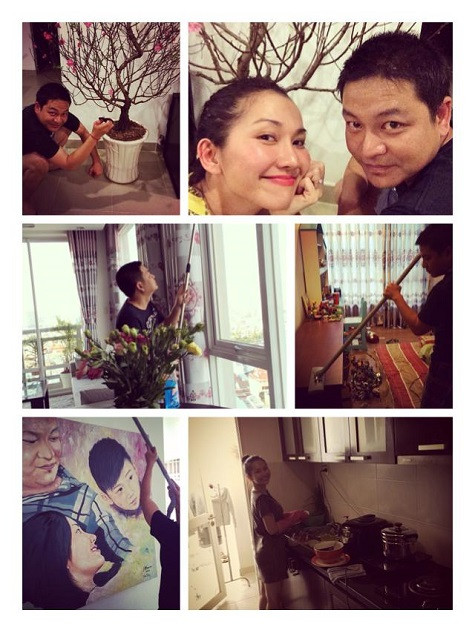 Hình ảnh Kim Hiền cùng người yêu và bé Sonic dọn dẹp đón Tết vừa qua