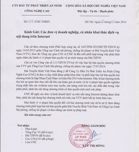 Công văn cấm phát tán Táo quân 2014 được gửi đến các doanh nghiệp, cá nhân muốn khai thác nội dung trên Internet Công văn cấm phát tán Táo quân 2014 được gửi đến các doanh nghiệp, cá nhân muốn khai thác nội dung trên Internet