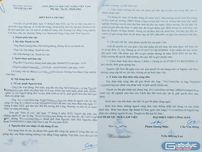 Thanh tra Bộ Công thương ghi nhận nội dung các giảng viên Trường Cao đẳng Công thương trình bày trong đơn tố cáo. Ảnh: NVCC Thanh tra Bộ Công thương ghi nhận nội dung các giảng viên Trường Cao đẳng Công thương trình bày trong đơn tố cáo. Ảnh: NVCC