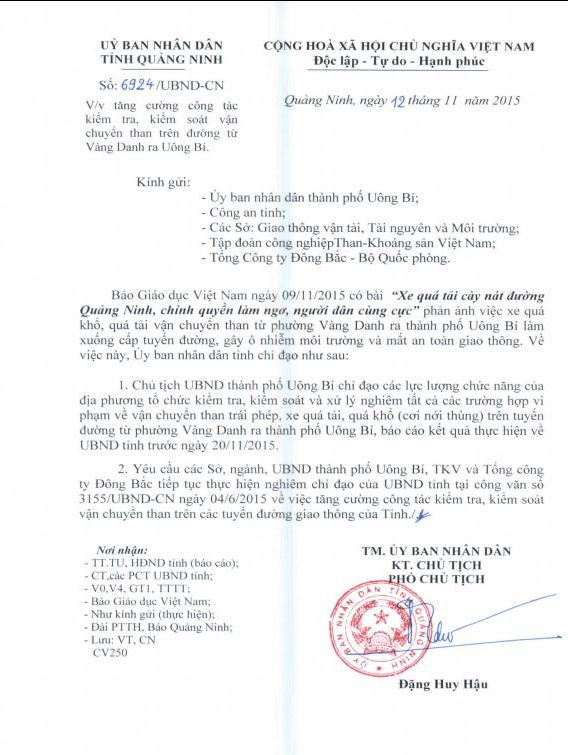 Công văn của UBND tỉnh Quảng Nỉnh chỉ đạo TP. Uông Bí, các Sở, ban, ngành và doanh nghiệp về việc chấm dứt tình trạng xe vua và than lậu.