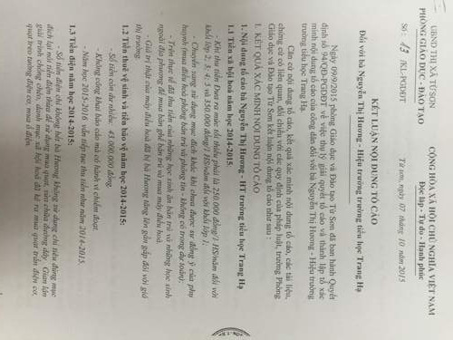 "Chúng tôi thấy bản kết luận thanh tra còn nhiều điểm chưa làm rõ. Nghi vấn là có sự bao che cho bà Hiệu trưởng" chị Nguyễn Thị H. cho biết "Chúng tôi thấy bản kết luận thanh tra còn nhiều điểm chưa làm rõ. Nghi vấn là có sự bao che cho bà Hiệu trưởng" chị Nguyễn Thị H. cho biết