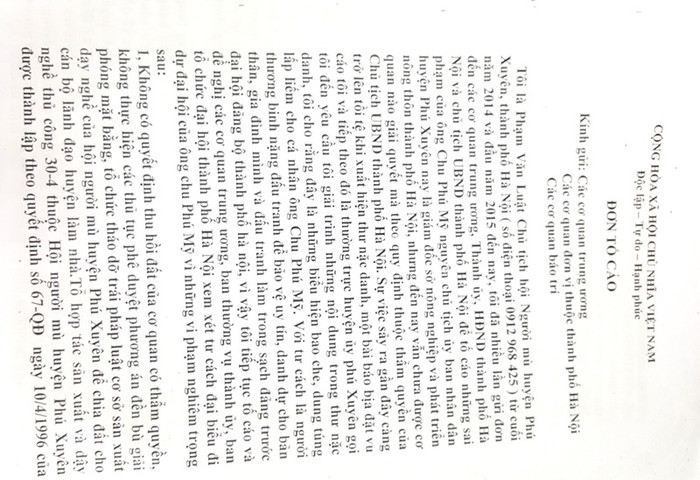 Đơn thư tố cáo của ông Phạm Văn Luật, gửi cơ quan chức năng nhưng chưa được giải quyết. Đơn thư tố cáo của ông Phạm Văn Luật, gửi cơ quan chức năng nhưng chưa được giải quyết.