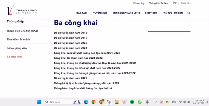 Dữ liệu báo cáo ba công khai năm học 2022-2023 vẫn chưa được Trường Đại học Thăng Long cập nhật trên trang thông tin điện tử của đơn vị. Ảnh chụp màn hình ngày 5/10/2023