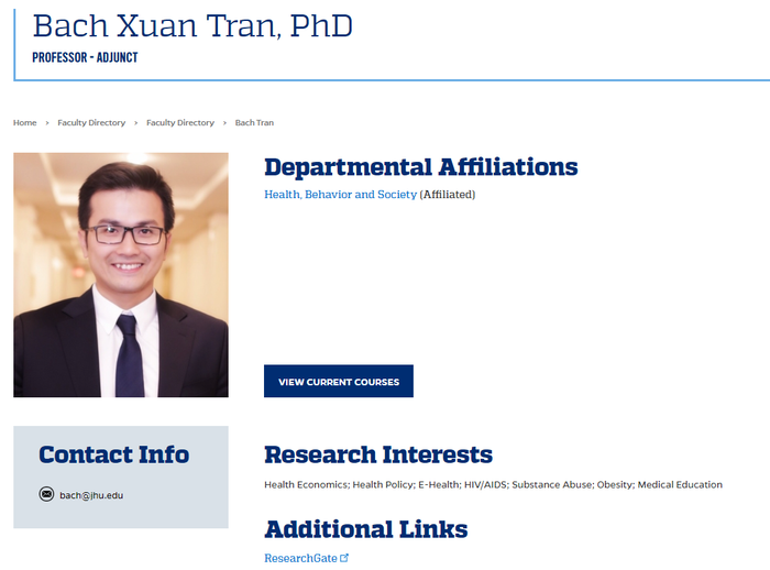 Phó giáo sư Trần Xuân Bách là một trong những giáo sư ( kiêm nhiệm) trẻ tuổi nhất của Đại học Johns Hopkins. Ảnh chụp màn hình thông tin giảng viên của Đại học Johns Hopkins Phó giáo sư Trần Xuân Bách là một trong những giáo sư ( kiêm nhiệm) trẻ tuổi nhất của Đại học Johns Hopkins. Ảnh chụp màn hình thông tin giảng viên của Đại học Johns Hopkins