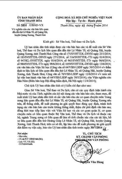 Văn bản của UBND tỉnh Thanh Hóa có ý muốn Sở Văn hóa &quot;xem xét lại&quot; Kết luận 947/KL-SVHTTDL ngày 05/6/2014.