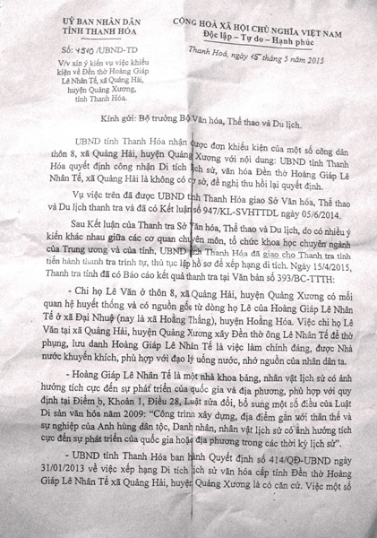 Công văn &quot;cầu cứu&quot; của UBND tỉnh Thanh Hóa gửi Bộ Văn hóa ngày 15/5/2015.