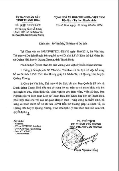 Sở Văn hóa vẫn giữ quan điểm nên đến ngày 10/10/2014, UBND tỉnh có văn bản giao cho Sở Văn hóa bổ sung hồ sơ. Tuy nhiên, đến tháng 3/2015, Sở Văn hóa vẫn tiếp tục giữ nguyên quan điểm &quot;không có cơ sở&quot; xếp hạng di tích lịch sư văn hóa Đền thờ Lê Nhân Tế tại xã Quảng Hải.