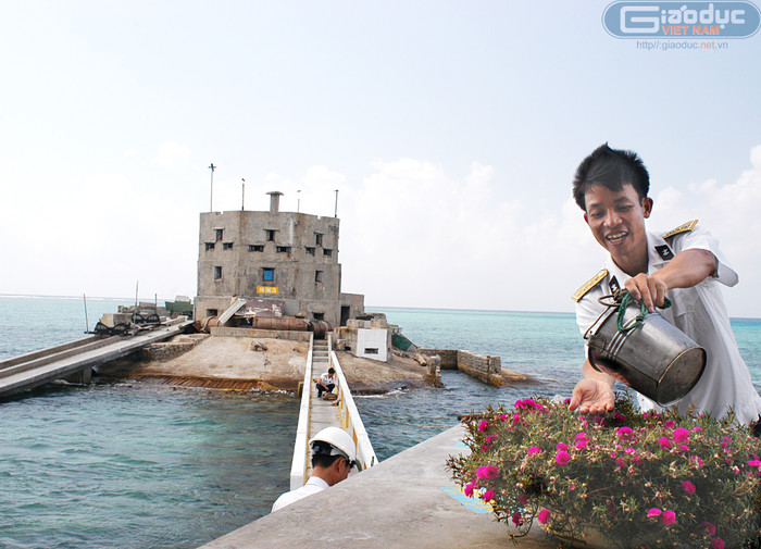 Anh lính trẻ đang chăm sóc chậu hoa mười giờ, lẩm nhẩm hát một ca khúc. Trường Sa thật thanh bình, mãnh liệt vươn lên với trời, biển!