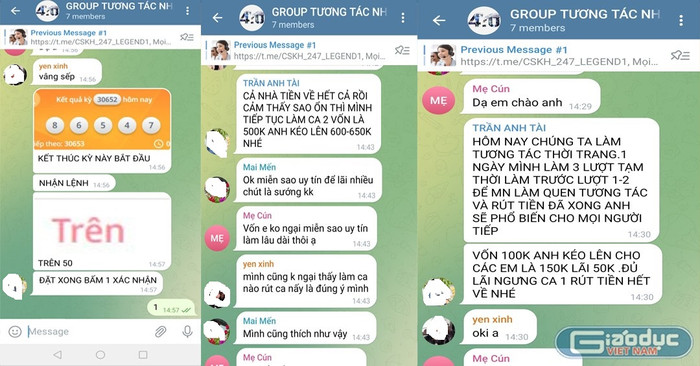 Nội dung chat giữa người đọc lệnh với các nhân viên, nhưng thực tế đều là thành viên của nhóm lừa đảo (Ảnh: NVCC)