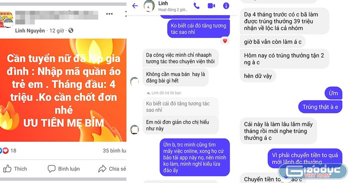 Đánh trúng tâm lý của những bà mẹ "bỉm sữa" đang cần công việc làm thêm, những kẻ lừa đảo đã đăng tin tuyển dụng lên các hội nhóm. (Ảnh: NVCC)