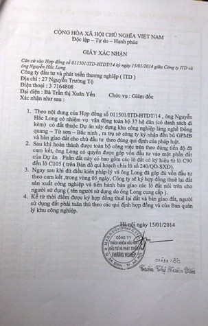 Tỷ lệ "ăn chia" sau khi thực hiện xong hợp đồng giữa bà Trần Thị Xuân Yến, Giám đốc Công ty ITD và ông Nguyễn Hắc Long. (Ảnh: Hải Ninh). Tỷ lệ "ăn chia" sau khi thực hiện xong hợp đồng giữa bà Trần Thị Xuân Yến, Giám đốc Công ty ITD và ông Nguyễn Hắc Long. (Ảnh: Hải Ninh).