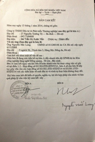 Công ty ITD đã ký Bản cam kết để nhờ ông Nguyễn Hắc Long đứng ra để giải phóng mặt bằng. (Ảnh: Hải Ninh). Công ty ITD đã ký Bản cam kết để nhờ ông Nguyễn Hắc Long đứng ra để giải phóng mặt bằng. (Ảnh: Hải Ninh).