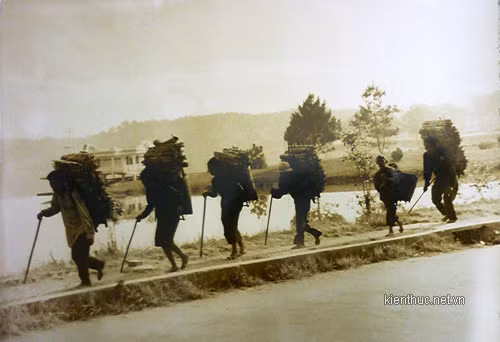 Một đoàn người Lạch đang gùi củi đi qua hồ Xuân Hương ra phía trung tâm thành phố bán cho người Kinh.