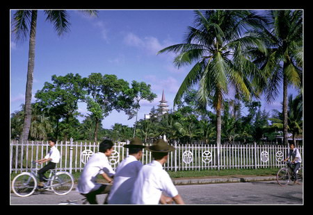 Những người dân đạp xe ở Huế. Tôi chụp bức ảnh này tại một đường phố yên tĩnh, ngay trước một văn phòng du lịch của Huế. Huế đã có một văn phòng du lịch, ngay cả trong thời kỳ chiến tranh, ít nhất là trước tháng 2/1968, thời điểm xảy ra biến cố Tết Mậu Thân. Ở phía xa là tháp chuông của một nhà thờ Công giáo hoành tráng, được tổng thống Diệm cho xây dựng ở Huế vào năm 1962, theo tôi được biết.