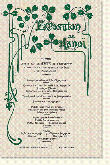 Thực đơn đặc biệt tại khách sạn Metropole dành cho các du khách quốc tế đến dự triển lãm thuộc địa tại Hà Nội. Thực đơn đặc biệt tại khách sạn Metropole dành cho các du khách quốc tế đến dự triển lãm thuộc địa tại Hà Nội.